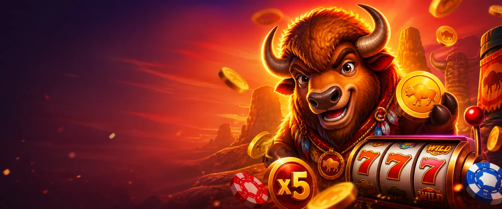 Dynamic website banner inspired by Bison Casino brand, featuring atmospheric casino elements with glowing hues and rich textu